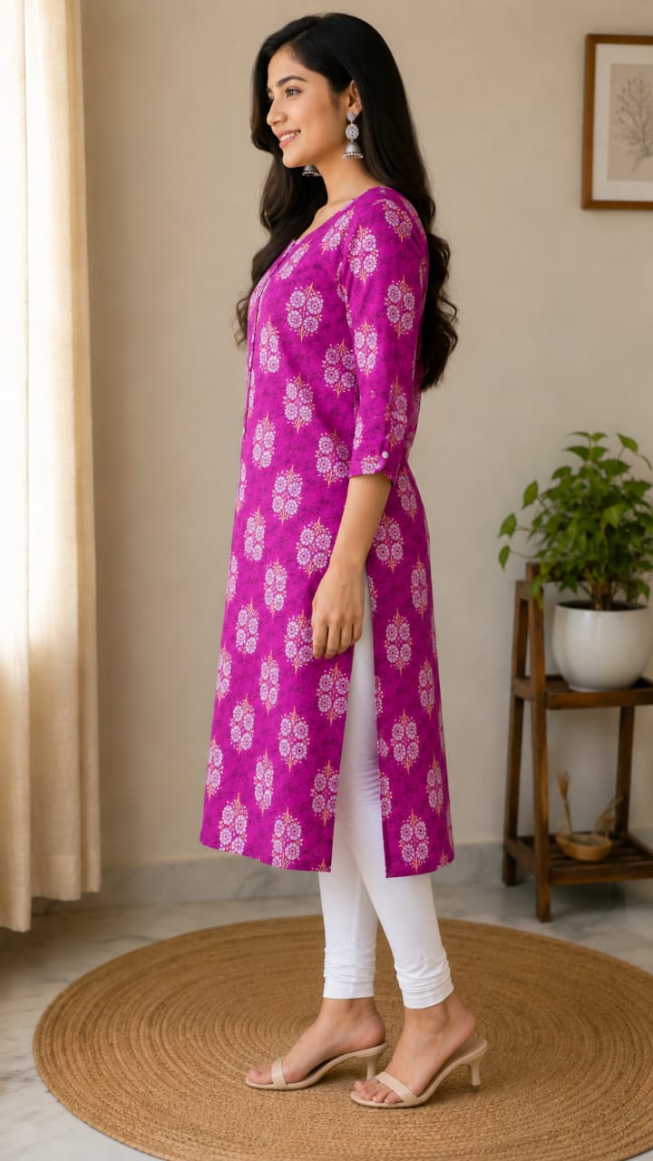 Women's Vibrant PINK Floral Printed Pure Cotton Straight Kurta(Single piece Kurta)