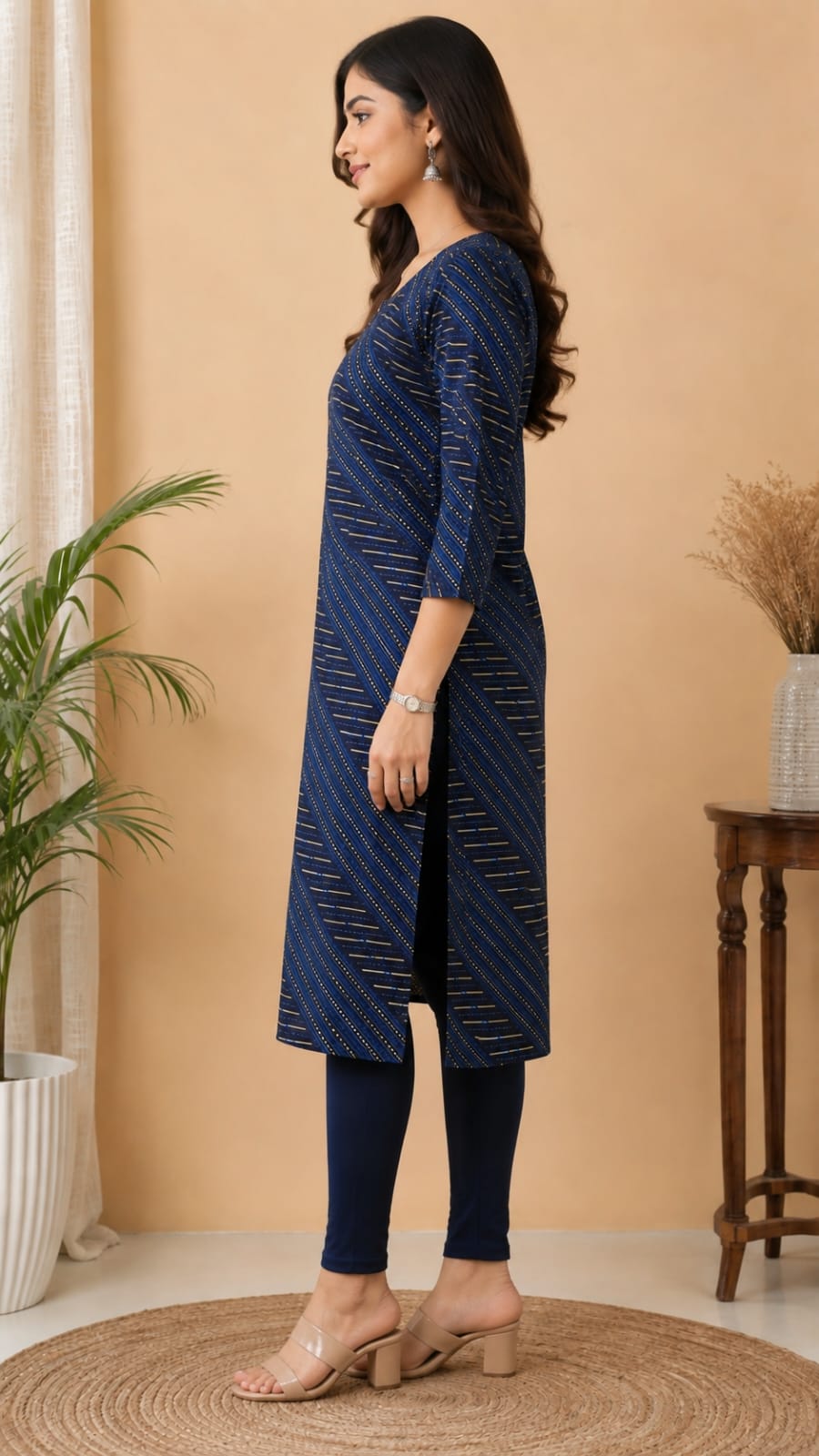 Women's Navy Blue Diagonal Striped Pure Cotton Straight Kurta ( Single piece Kurta)