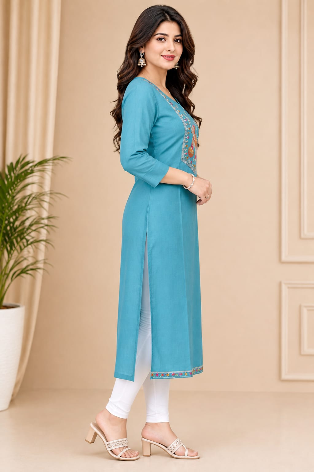 Women's Sky Blue Polycotton Straight Kurta with Elephant Yoke Embroidery (Single piece Kurta)