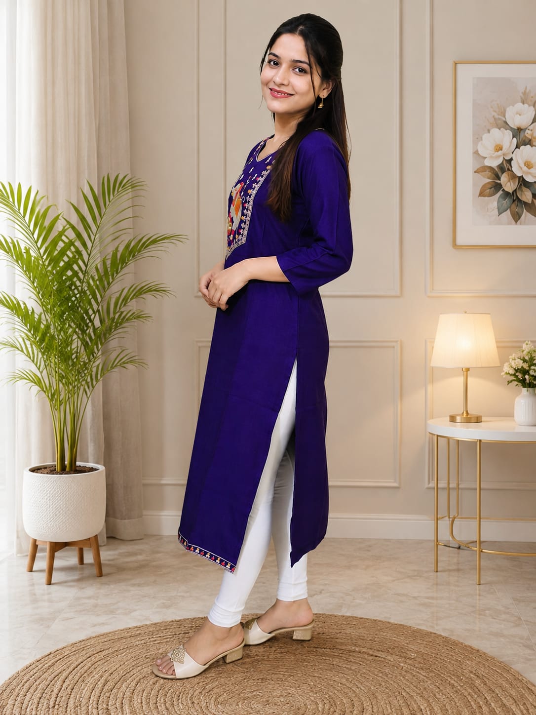 Women's Royal Purple Cotton Straight Kurta with Elephant Embroidery & Border Design (Single piece Kurta)