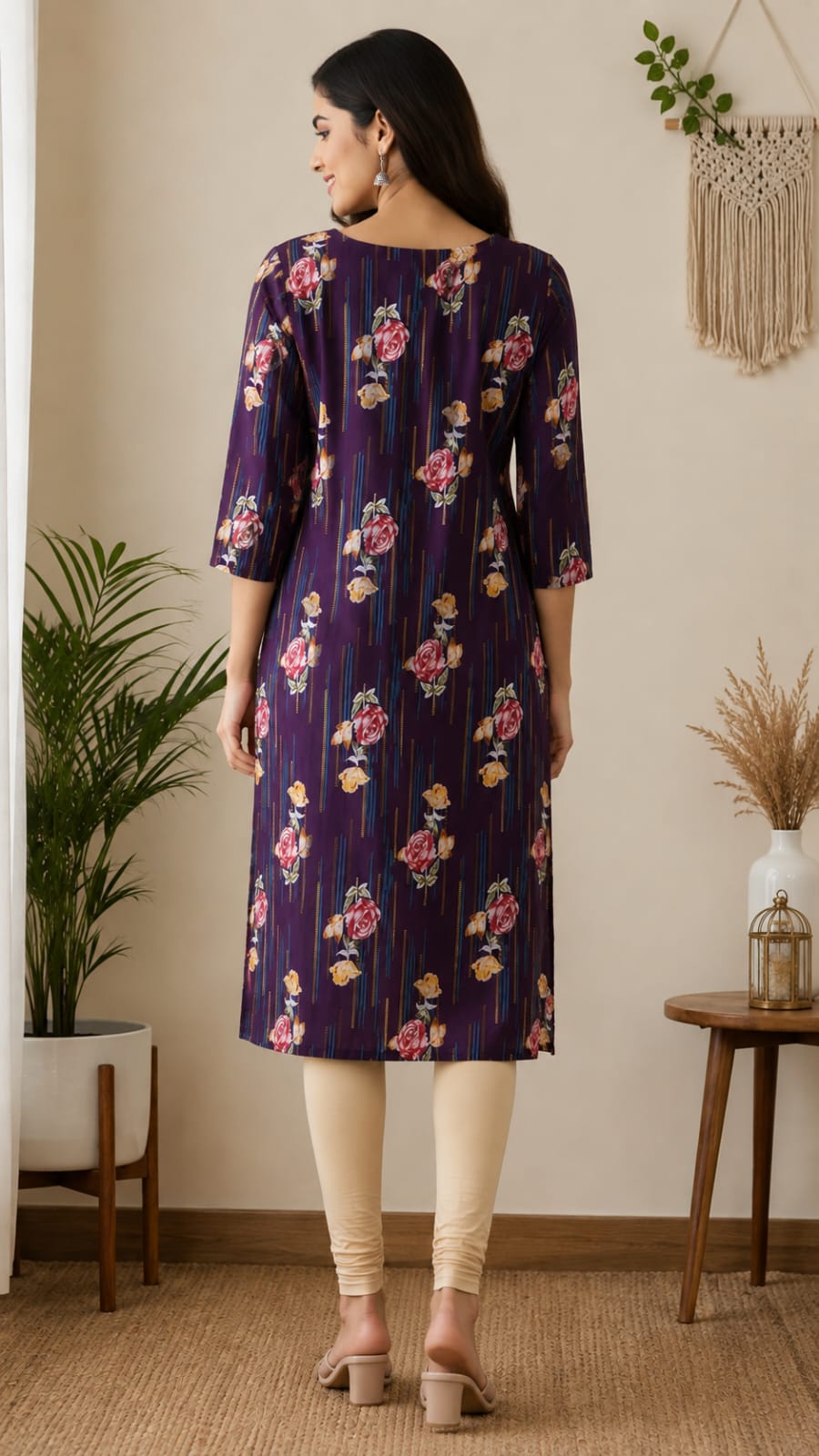 Women's Dark Purple Floral & Stripe Printed Pure Cotton Straight Kurta (Single piece Kurta)