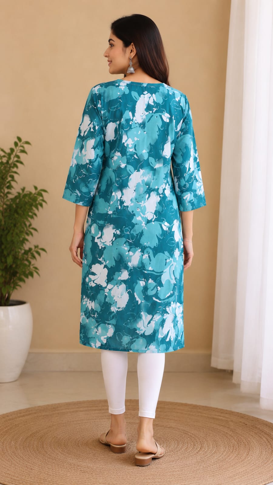 Women's Teal Blue Abstract Floral Printed Pure Cotton Straight Kurta (Single piece Kurta)