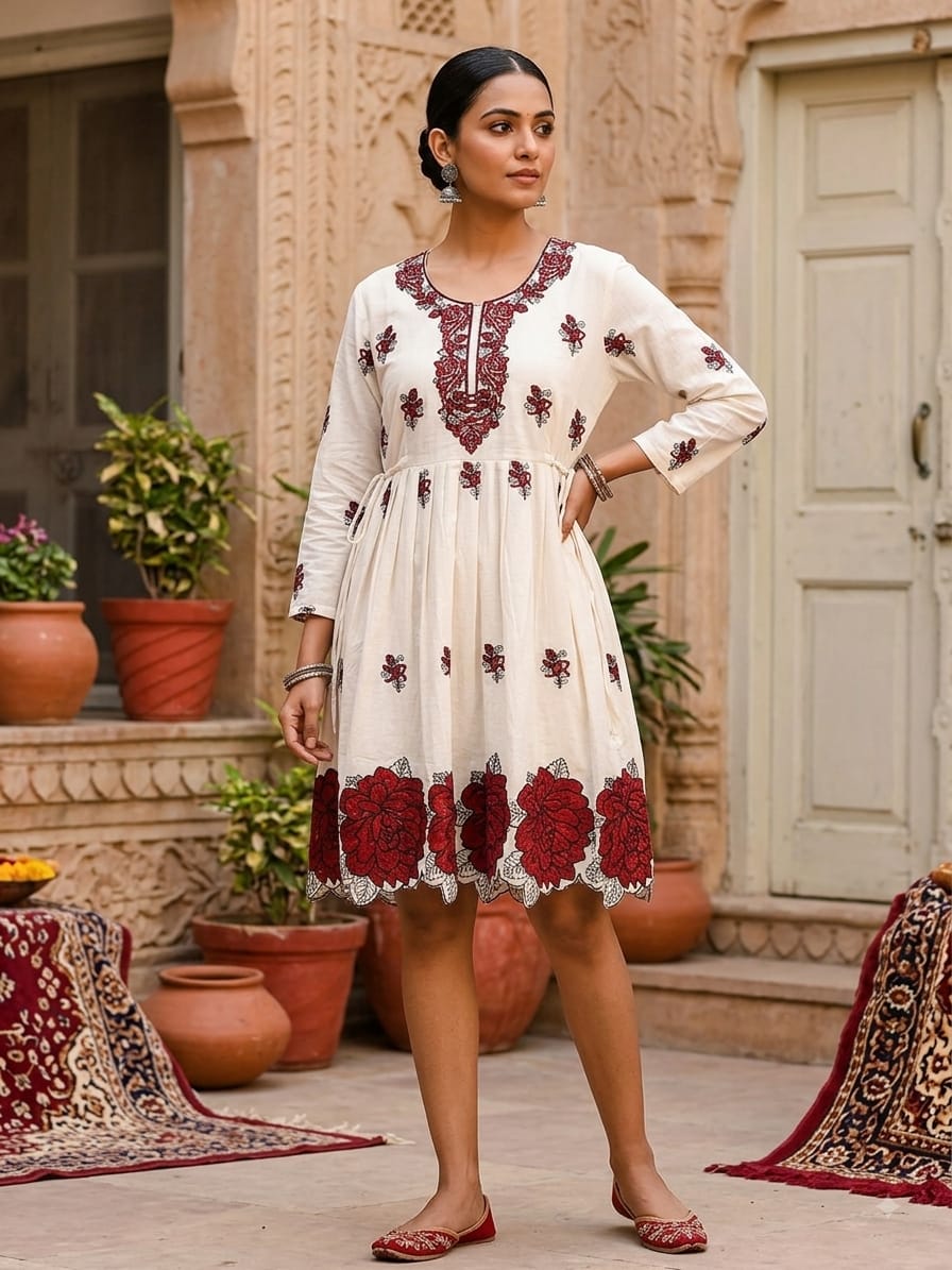 Women's Off-White & Maroon Floral Embroidered Cotton Short Fit-and-Flare Dress (Single piece Dress)