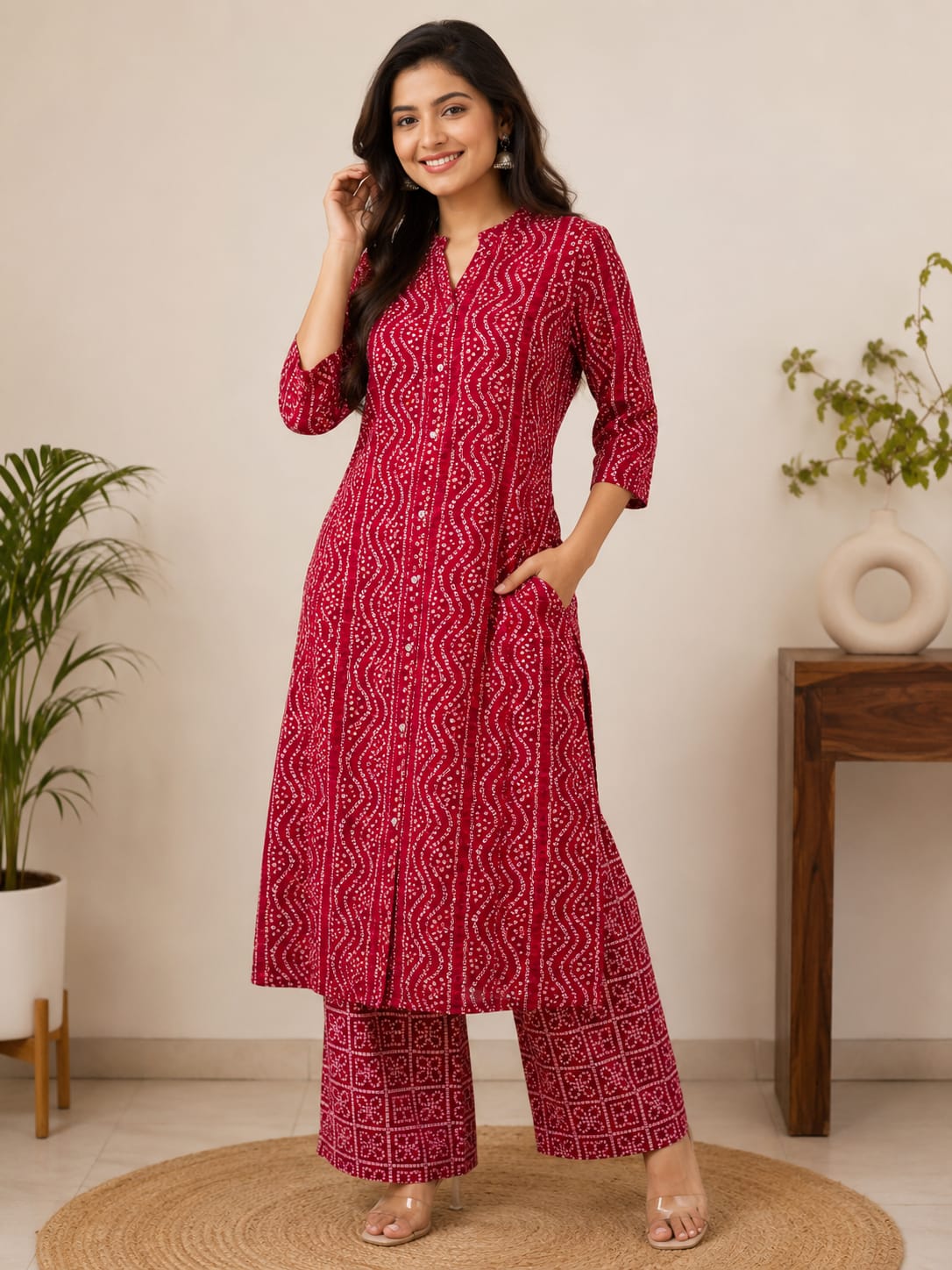 Women's Maroon Red Bandhani Printed Pure Cotton Kurta with Wide-Leg Palazzo Set (2-Piece Set)