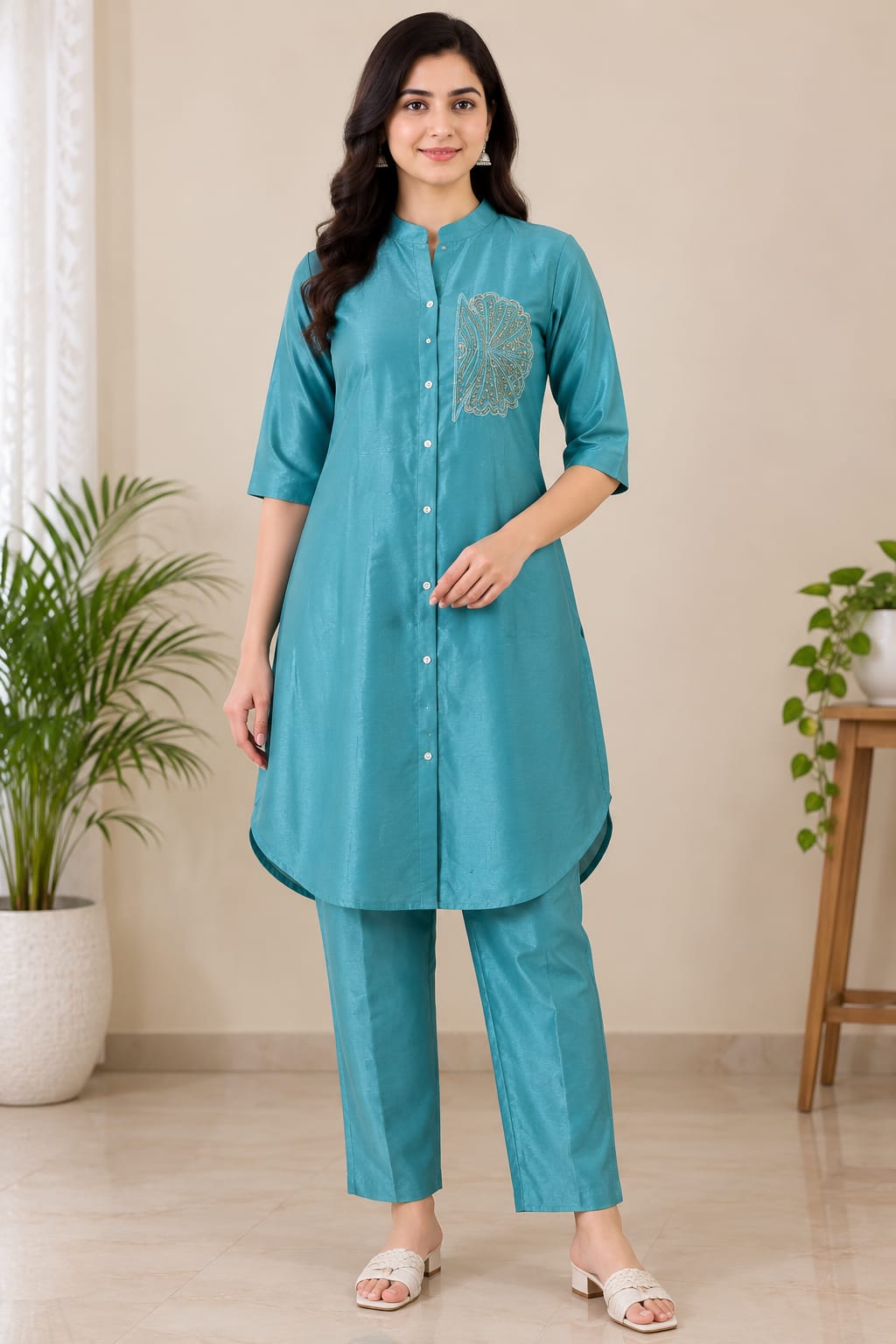 Women's Teal Blue Embroidered Shirt-Style Tunic with Pant Co-ord Set (2-Piece Set)