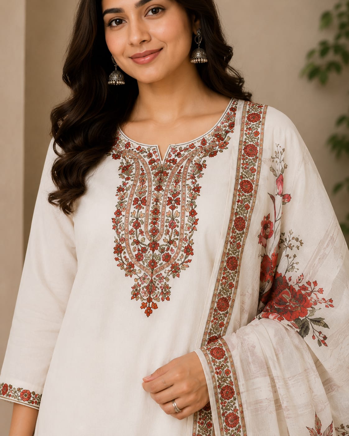 Women's Off-White Pure Soft Cotton Embroidered Kurta with Palazzo & Floral Printed Dupatta Set (3-Piece Set)