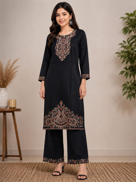 Women's Elegant Black Embroidered Soft Cotton Kurta with Palazzo & Floral Printed Dupatta Set (3-Piece Set)