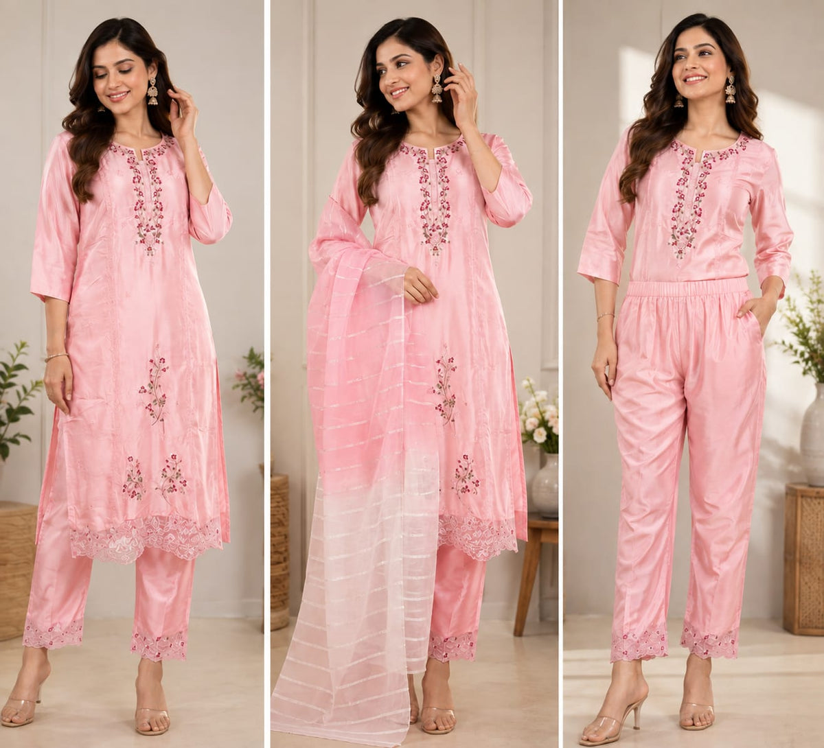 Women's Elegant Baby Pink Embroidered Poly Cotton Kurta Set with Pant and Sheer Striped Dupatta (Set of 3)