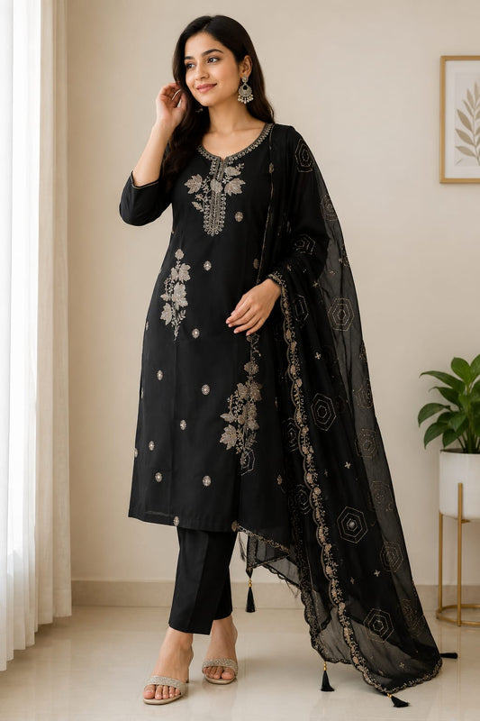 Women's Embroidered Cotton Straight Kurta with Trousers & Sheer Embroidered Dupatta Set (Black, 3-Piece Set)