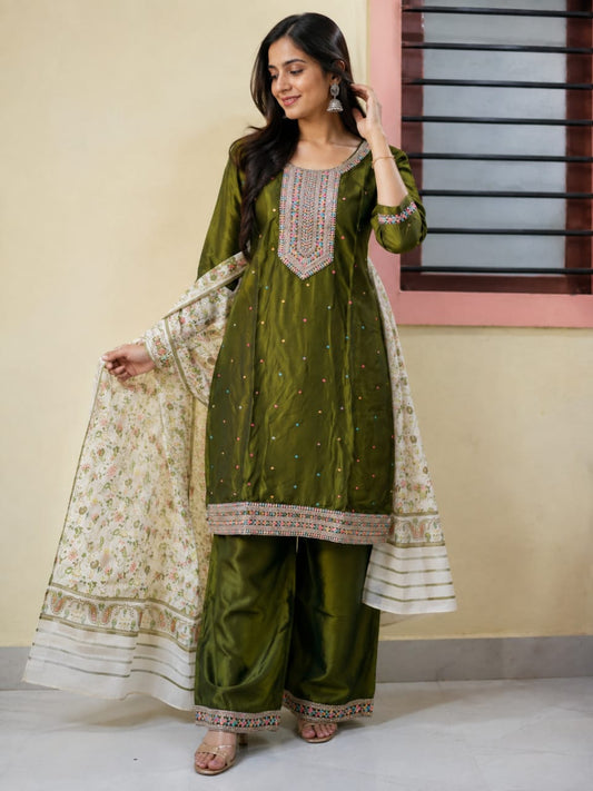 Women's Olive Green Poly Cotton Embroidered Straight Kurta with Palazzo & Floral Printed Dupatta Set (3-Piece Set)