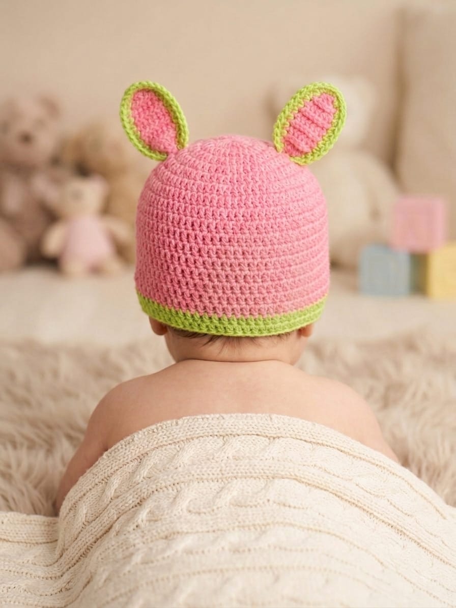Handmade Crochet Pink & Green Bunny Ear Woolen Baby Cap with Flower Accent โ Soft & Warm Newborn Beanie