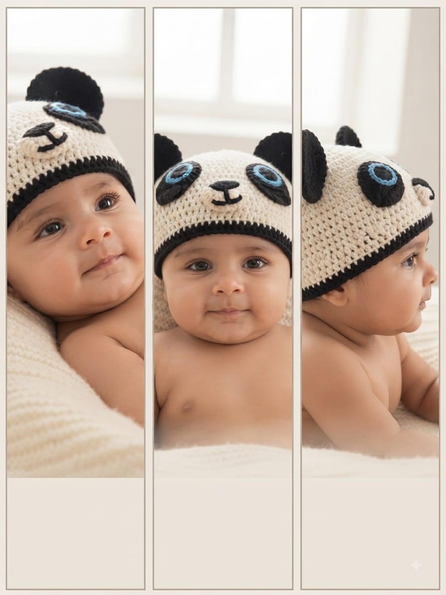 MS WORLD Hand-Knitted Newborn Panda Woolen Cap with Earflaps - Soft, Warm, and Cute Winter Beanie for Infants (2-3 years)