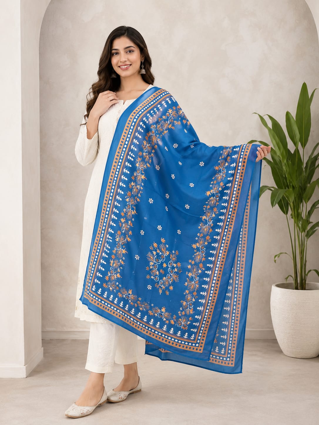 Elegant Royal Blue Poly-Cotton Floral Print Dupatta for Women β Soft & Lightweight Ethnic Wear