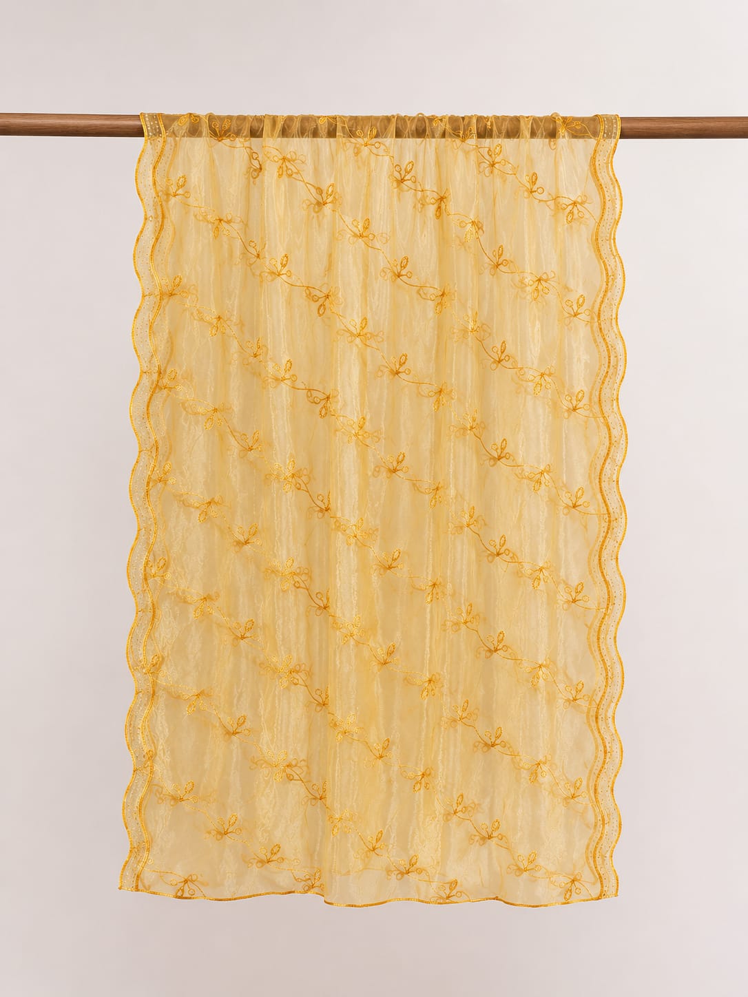 Elegant Golden Net Dupatta with Delicate Floral Embroidery and Scalloped Edges