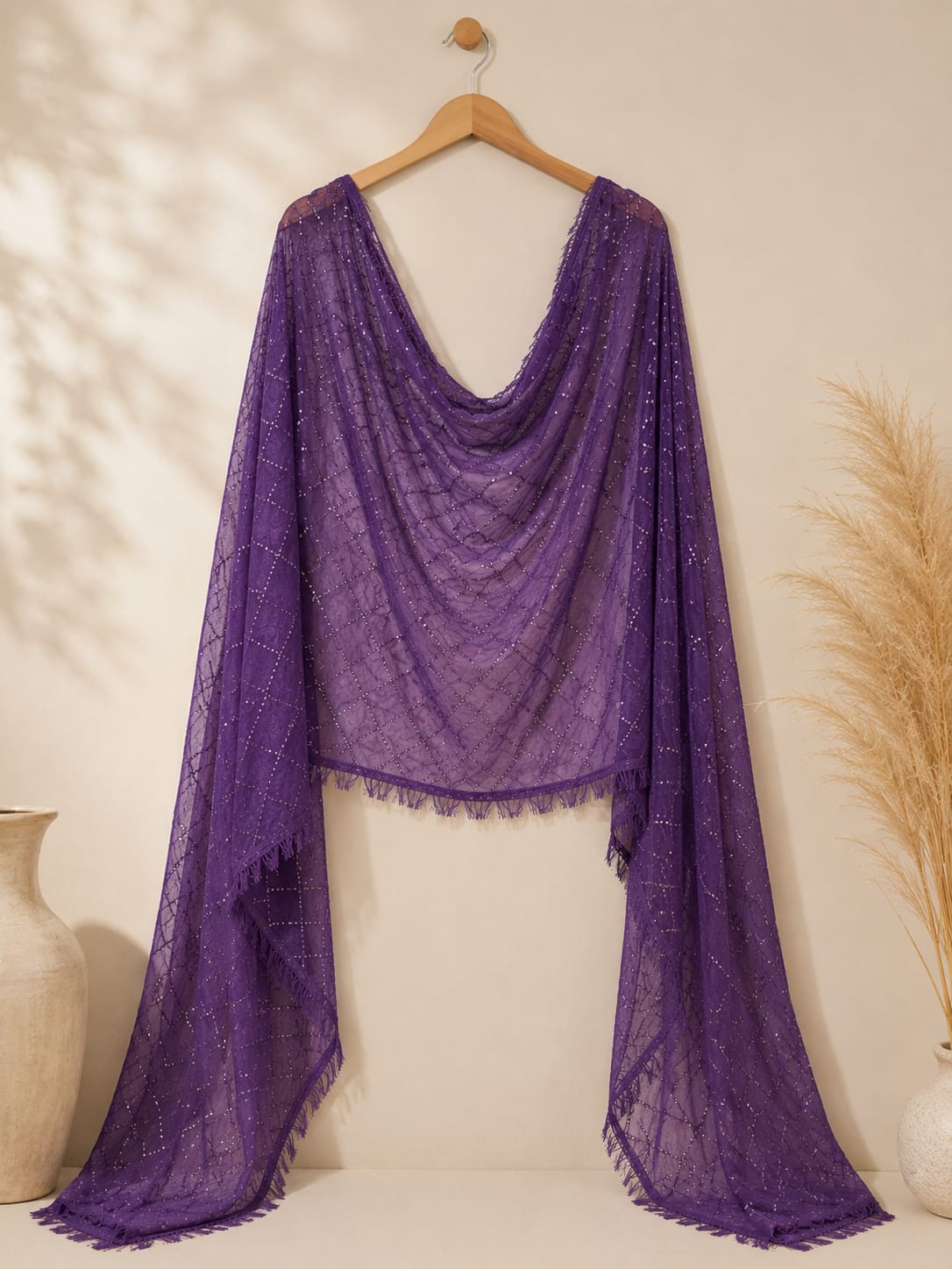 Elegant Purple Soft Cotton Sequin Work Dupatta with Tassel Edges