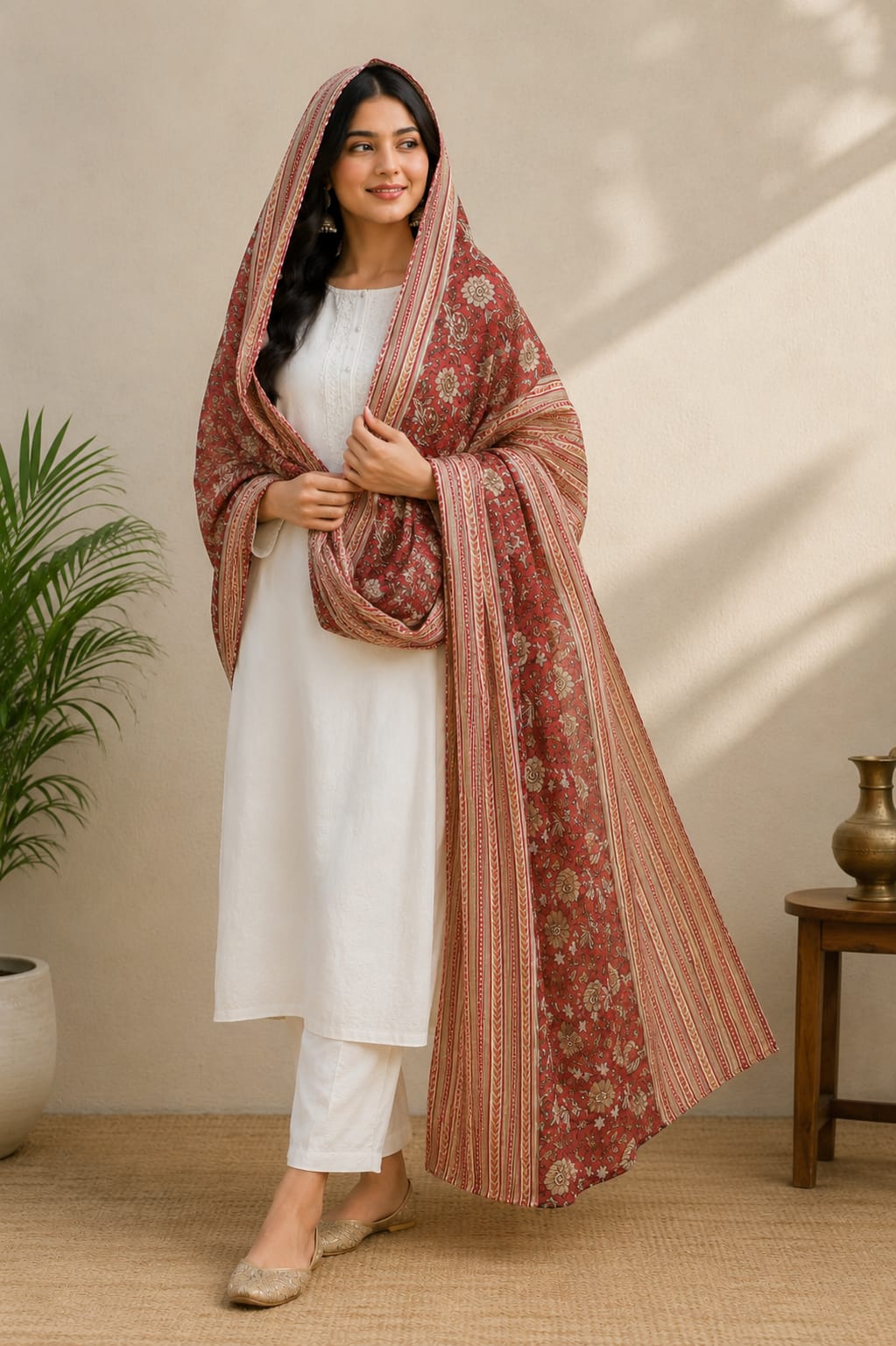 Maroon & Beige Floral Printed Cotton Dupatta with Striped Border