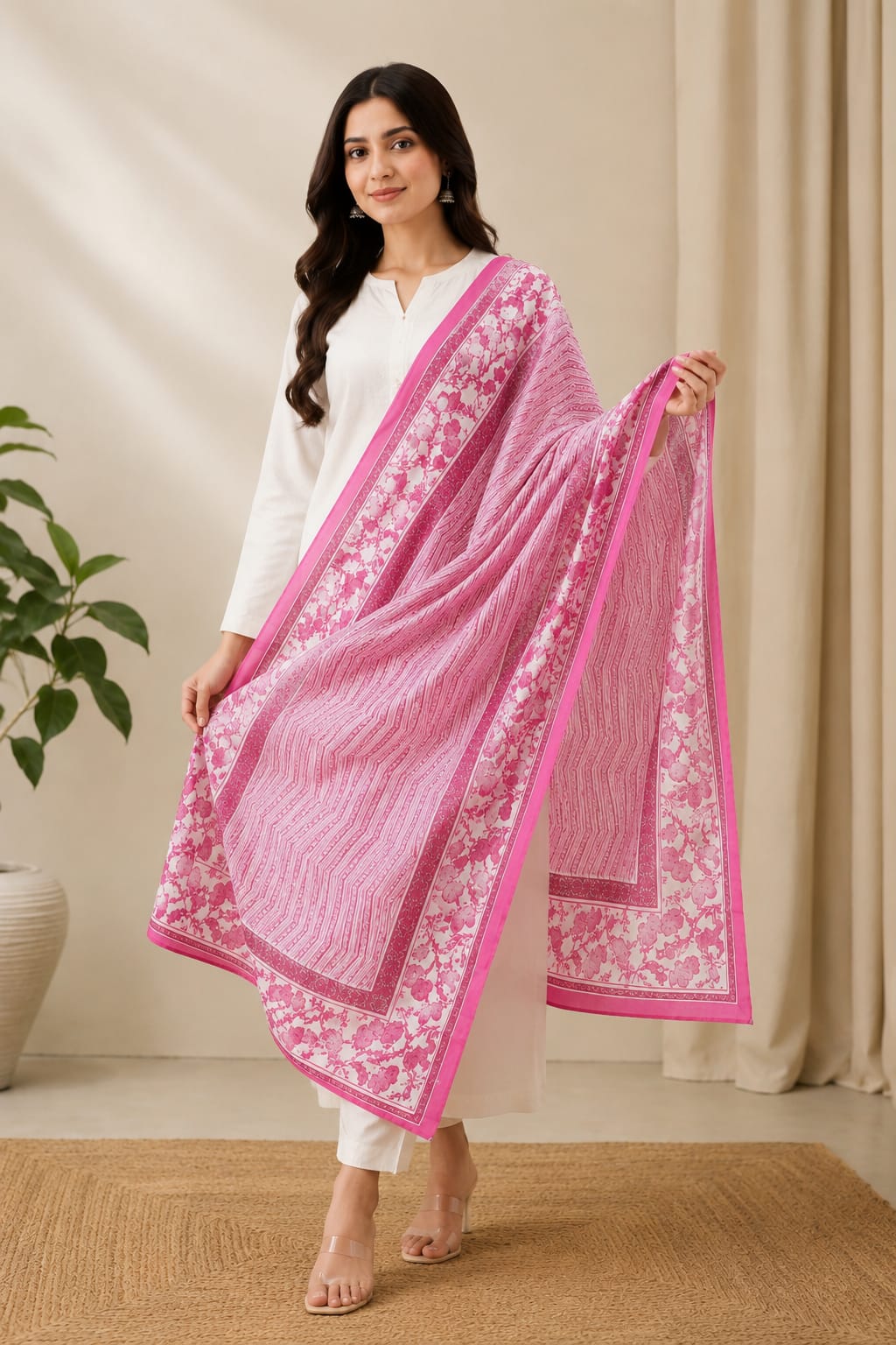 Pink Floral Printed Cotton Dupatta with Traditional Border for Women