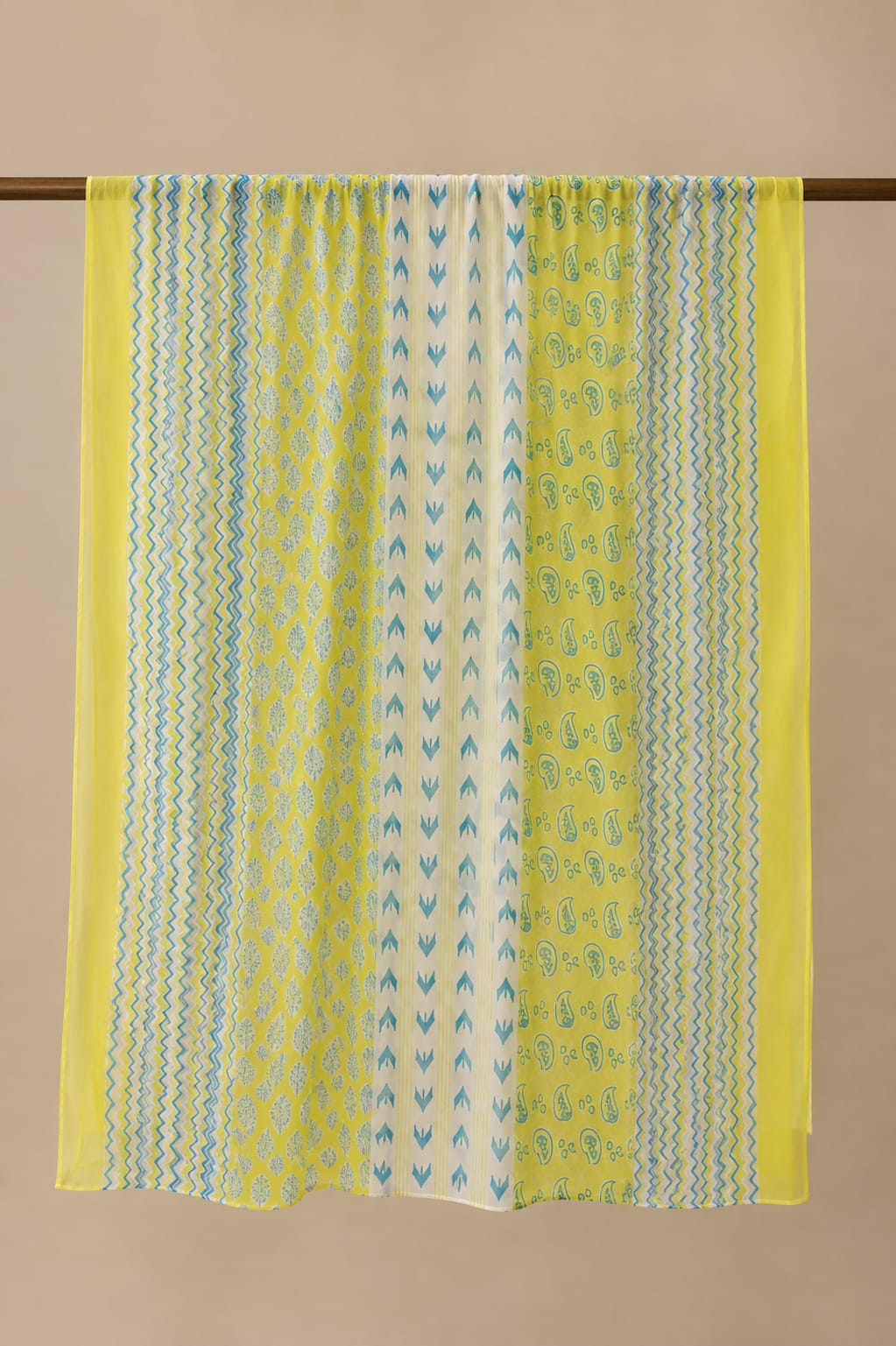 Yellow and Blue Block Printed Cotton Dupatta - Versatile Ethnic Wear