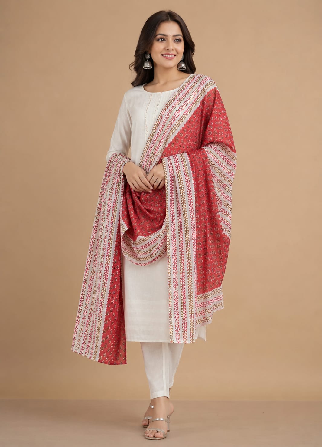 Ethnic Block Printed Pure Cotton Dupatta for Women (Red & Off-White)