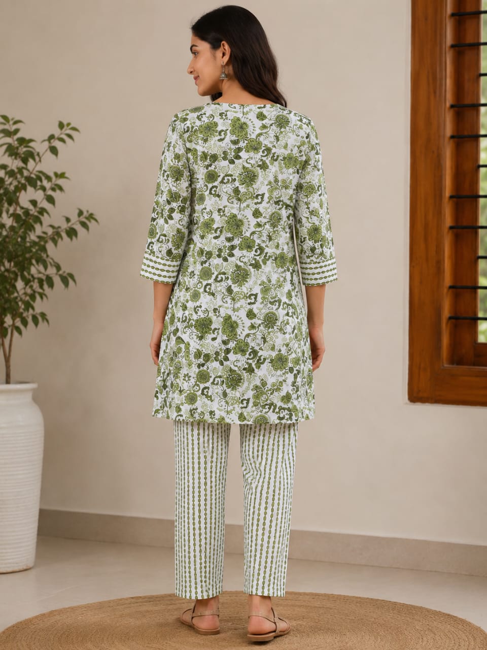 Elegant Green & White Floral Printed Cotton Kurti with Pant Set | 2-Piece Ethnic Wear for Women