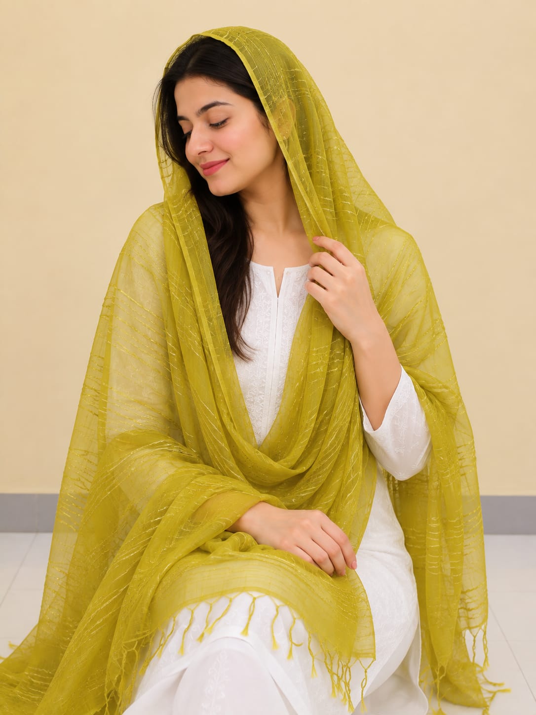 Women's Lime Yellow Striped Sheer Net Dupatta with Tassels