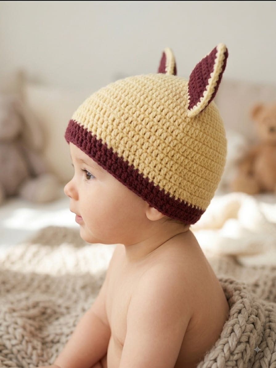 Handmade Crochet Animal Ear Baby Cap โ Beige & Maroon