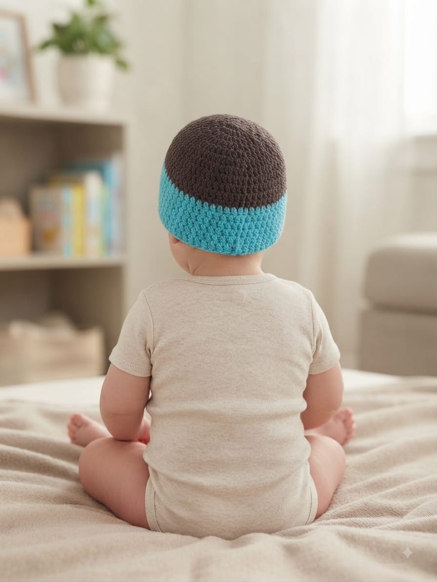 Handmade Crochet Baby Cap β Brown & Turquoise Woolen Beanie
