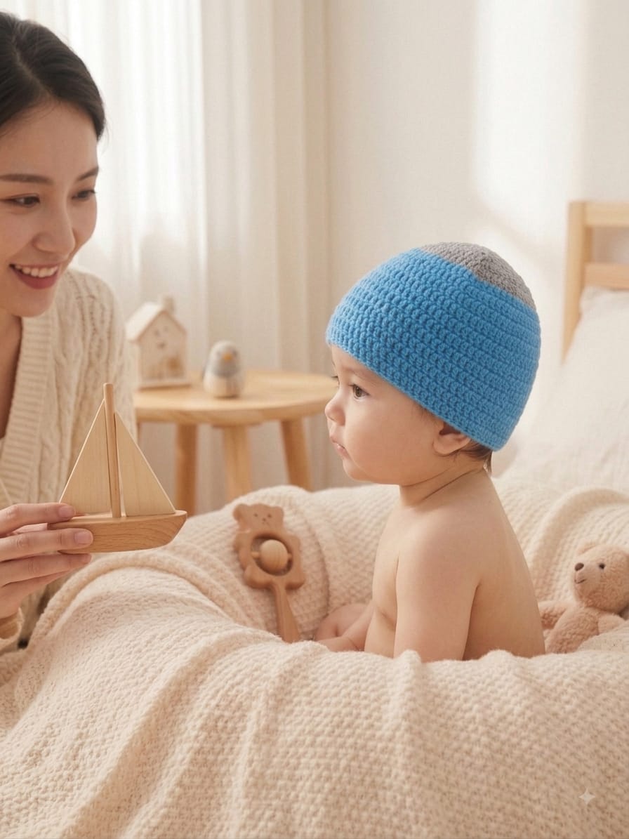Handmade Crochet Woolen Baby Cap โ Soft & Warm Winter Beanie for Newborns & Infants (Blue & Grey)