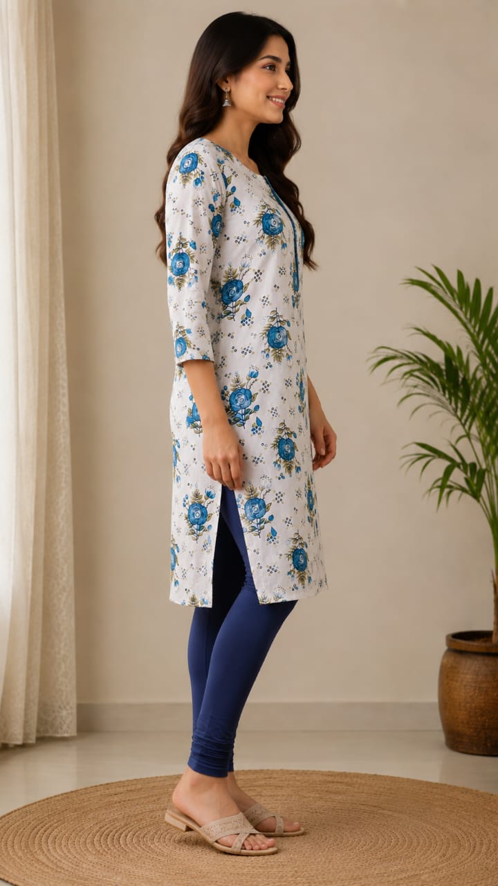Women's Cream white & Blue Floral Block Printed Pure Cotton Straight Kurta ( Single piece Kurta)