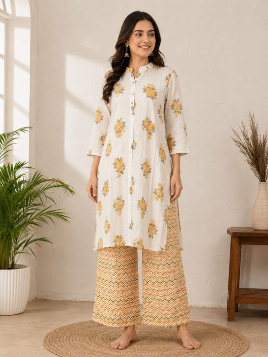 2-Piece Pure Cotton Co-ord Set โ Floral Kurta & Palazzo Pants