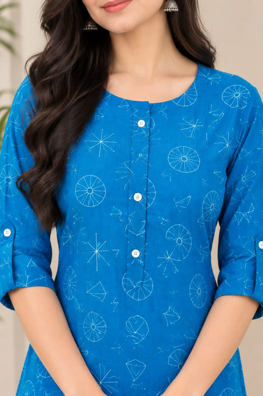 Title: Women's Blue Pure Cotton Geometric Printed Straight Kurta with Pant Set | Casual Daily Wear 2-Piece Ethnic Co-Ord Set