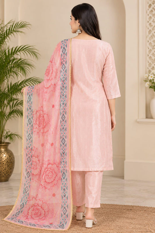 Elegant Peach Poly-Cotton Embroidered Straight Kurta with Pants and Floral Print Dupatta Set