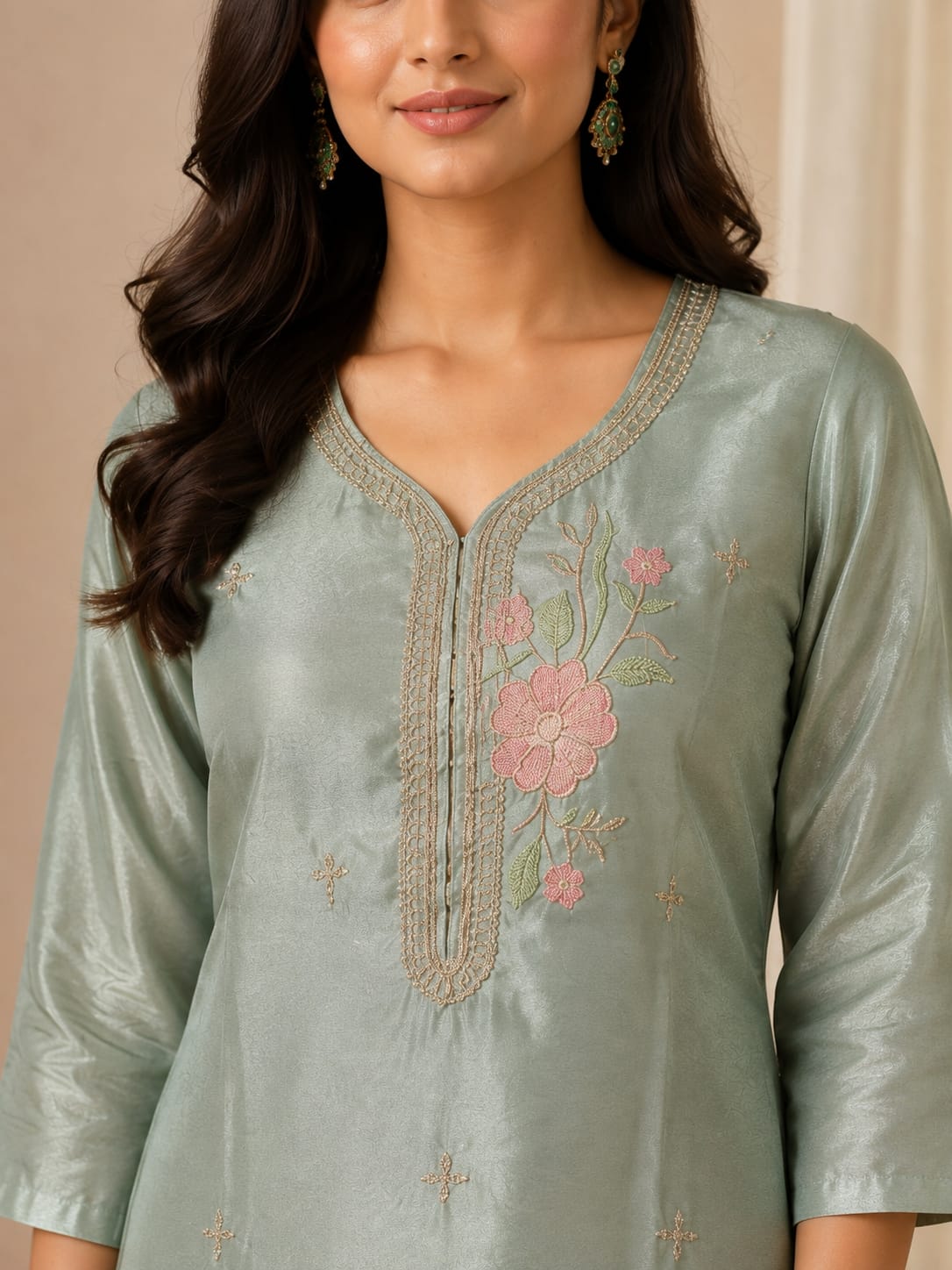 Sage Green Poly Cotton Embroidered Straight Kurta with Matching Pants and Dupatta Set