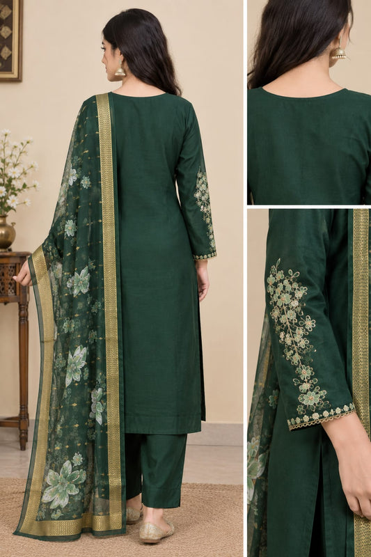 Bottle Green Cotton Embroidered Kurta with Pants and Floral Print Dupatta (3-Piece Set)