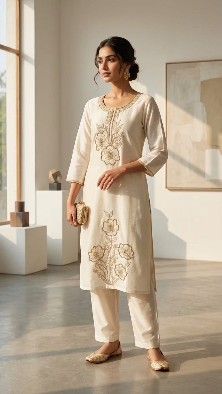 Elegant Off-White & Gold Embroidered Cotton 3-Piece Suit Set with Matching Dupatta