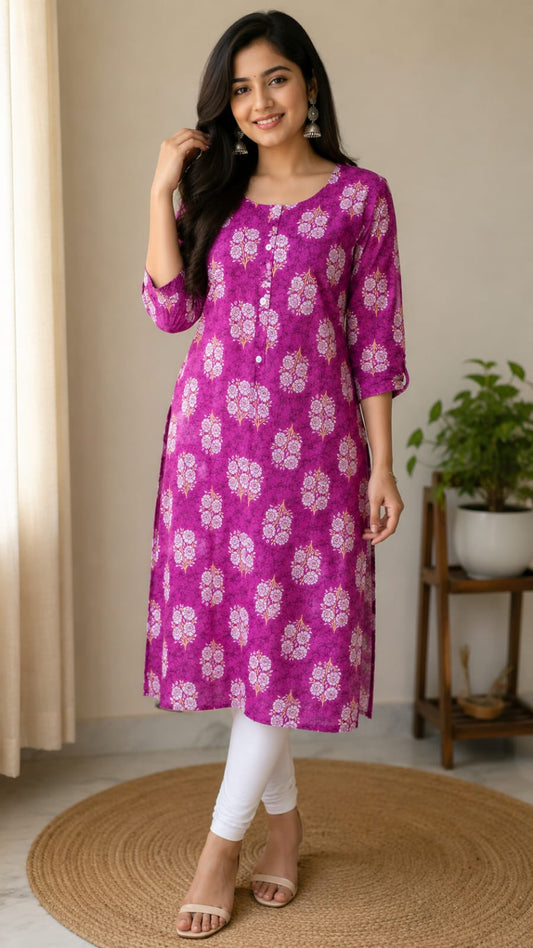 Women's Vibrant PINK Floral Printed Pure Cotton Straight Kurta(Single piece Kurta)