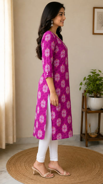 Women's Vibrant PINK Floral Printed Pure Cotton Straight Kurta(Single piece Kurta)