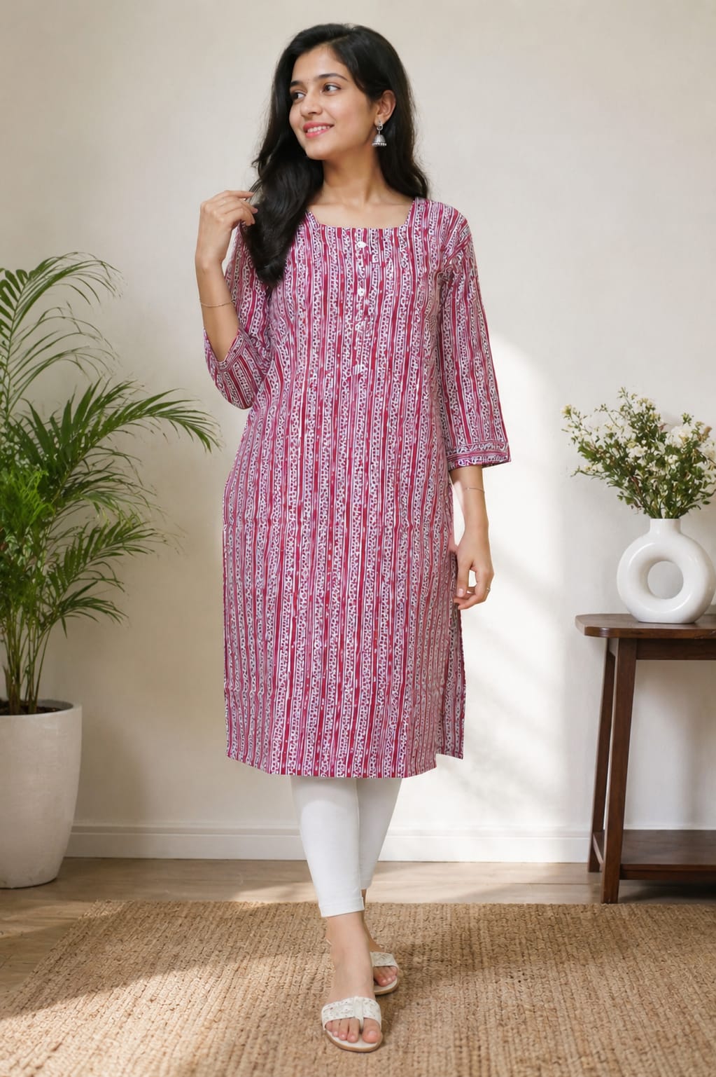 Women's Pink & White Printed Pure Cotton Straight Kurta (Single piece Kurta)