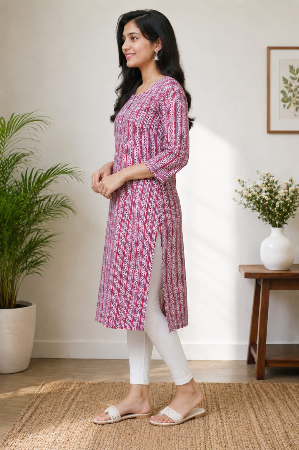Women's Pink & White Printed Pure Cotton Straight Kurta (Single piece Kurta)