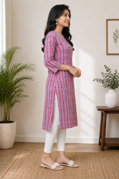 Women's Pink & White Printed Pure Cotton Straight Kurta (Single piece Kurta)