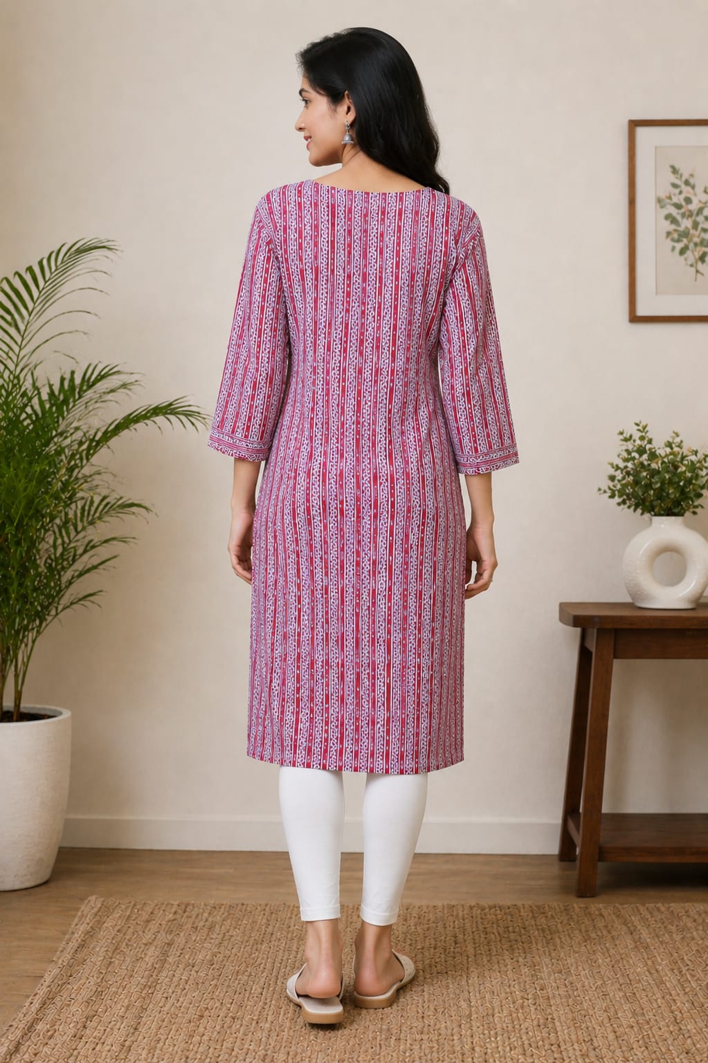 Women's Pink & White Printed Pure Cotton Straight Kurta (Single piece Kurta)