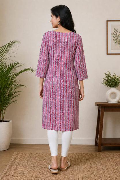 Women's Pink & White Printed Pure Cotton Straight Kurta (Single piece Kurta)