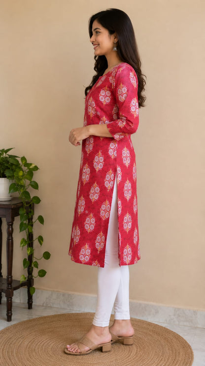 Women's Maroon Red Floral Printed Pure Cotton Straight Kurta ( Single piece)