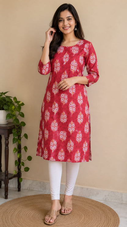 Women's Maroon Red Floral Printed Pure Cotton Straight Kurta ( Single piece)