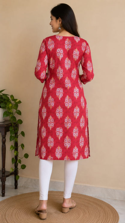 Women's Maroon Red Floral Printed Pure Cotton Straight Kurta ( Single piece)