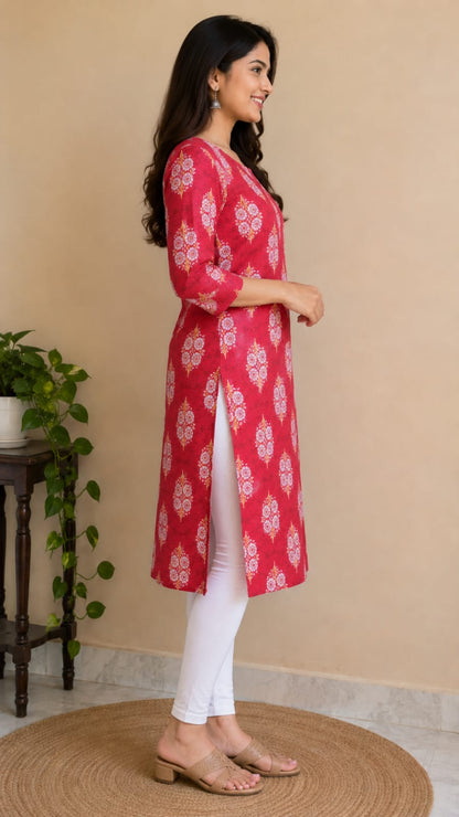 Women's Maroon Red Floral Printed Pure Cotton Straight Kurta ( Single piece)