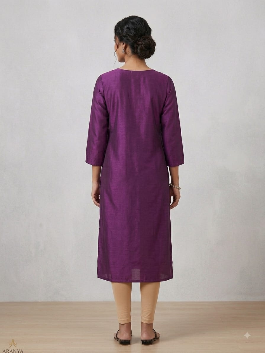 Women's Deep Purple Polycotton Straight Kurta with Elephant Yoke Embroidery ( Single piece)