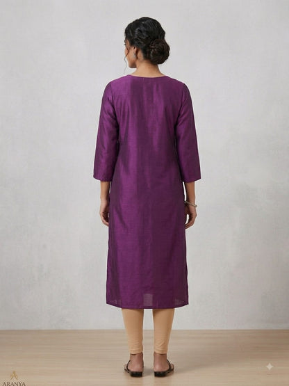 Women's Deep Purple Polycotton Straight Kurta with Elephant Yoke Embroidery ( Single piece)