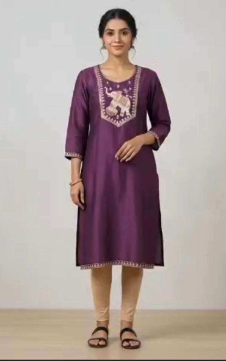 Women's Deep Purple Polycotton Straight Kurta with Elephant Yoke Embroidery ( Single piece)