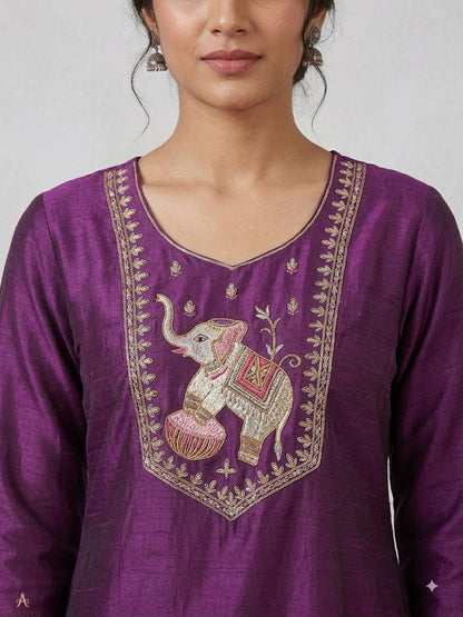 Women's Deep Purple Polycotton Straight Kurta with Elephant Yoke Embroidery ( Single piece)